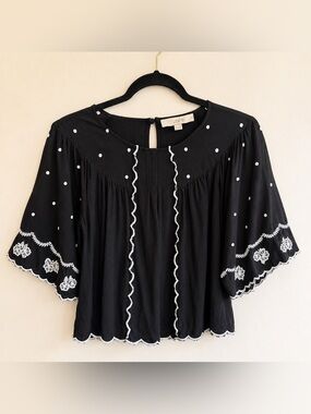 LOFT Black Embroidered Polka Dot Boho Peasant Top Small